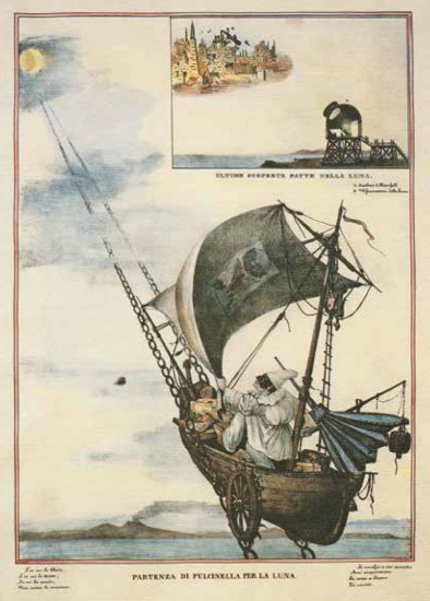 Figura 2.4 Partenza di Pulcinella per la Luna. Questa illustrazione e la successiva sono tratte dal libro di Romeo De Maio, Pulcinella e la Luna (Fausto Fiorentino, Napoli 1991).